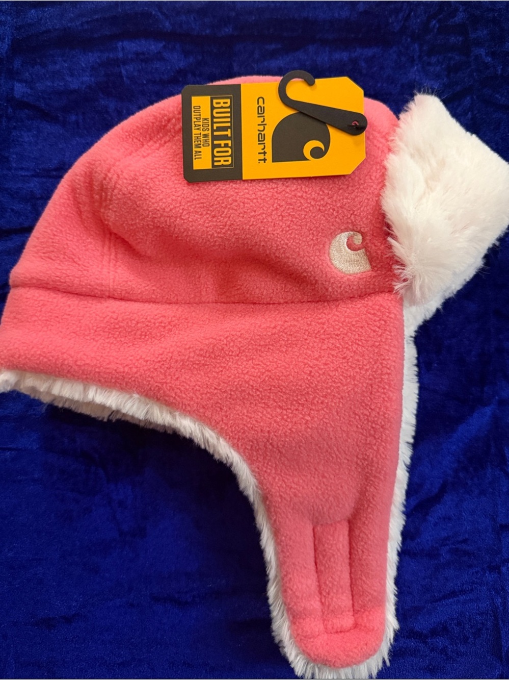 Carhartt Kids Coral Pink Fleece Trapper Hat with White Faux Fur - Picture 2 of 2
